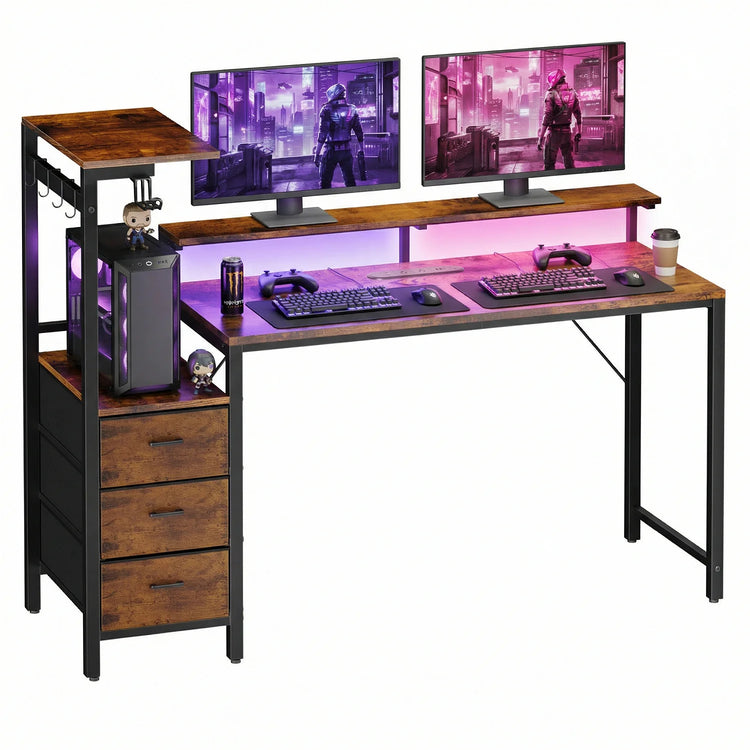 47"/60" Gaming Desk with Monitor Stand And Drawers LED Lighting Built-in Power Sockets USB Charging Ports Home Office Computer Desk with PC Stand And Headphone Hook for Bedroom Living Space