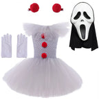 2026 Halloween Trick or Treat Carnival Party White Gray Scary Clown Mesh Fluffy Dress Girl Cosplay Joker Costume Accessories Set