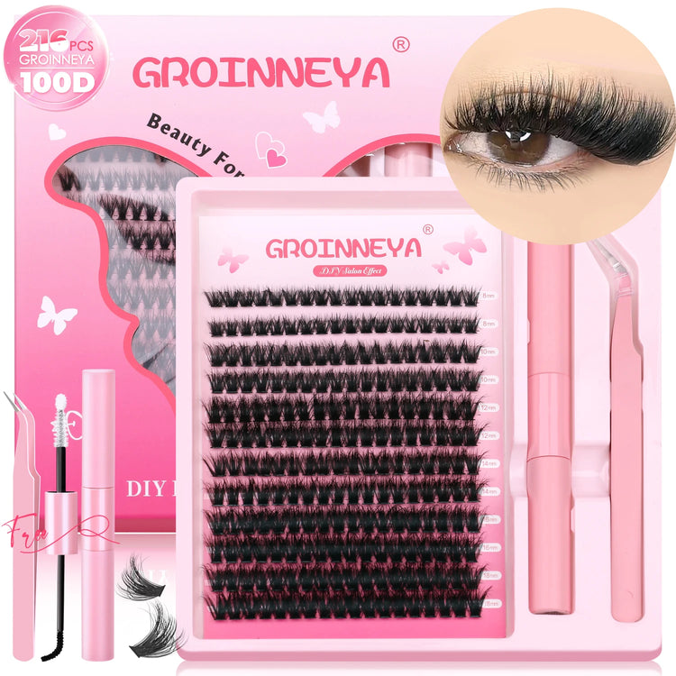 GROINNEYA DIY Lash Clusters Kit Thick Fluffy Cluster Lashes Full Set Lashes Extension with Lash Bond&Seal Individual Eyelashes