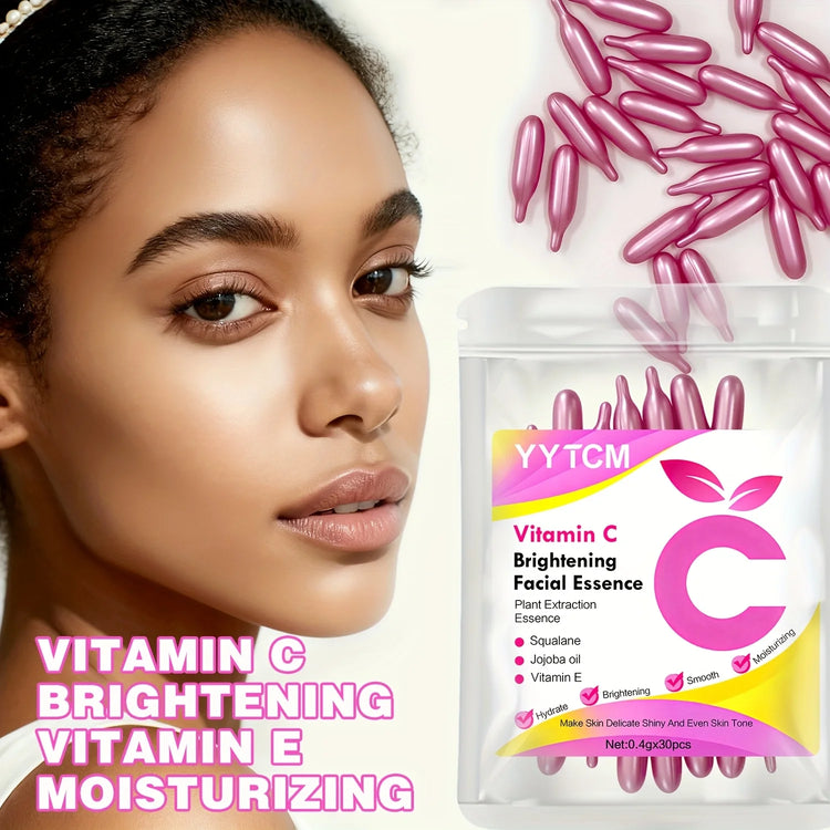 Vitamin C Skin-Brightening and Moisturizing Capsule Essence, Hydrates and Smooths Skin, Contains Plant Squalane, Vitamin E, Magnolia Oil, Jojoba Seed Oil, Deeply Hydrates and Brightens Skin Essence (0.4Gx30 Capsules)/Bag-1 Ba