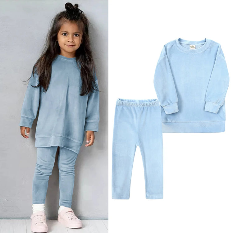 2026 Spring Kids Girl Velvet Suit Long Sleeve Pants Solid Clothes For Infant Toddler Boy Pullover Sweatshirt Set Teenage Outfits