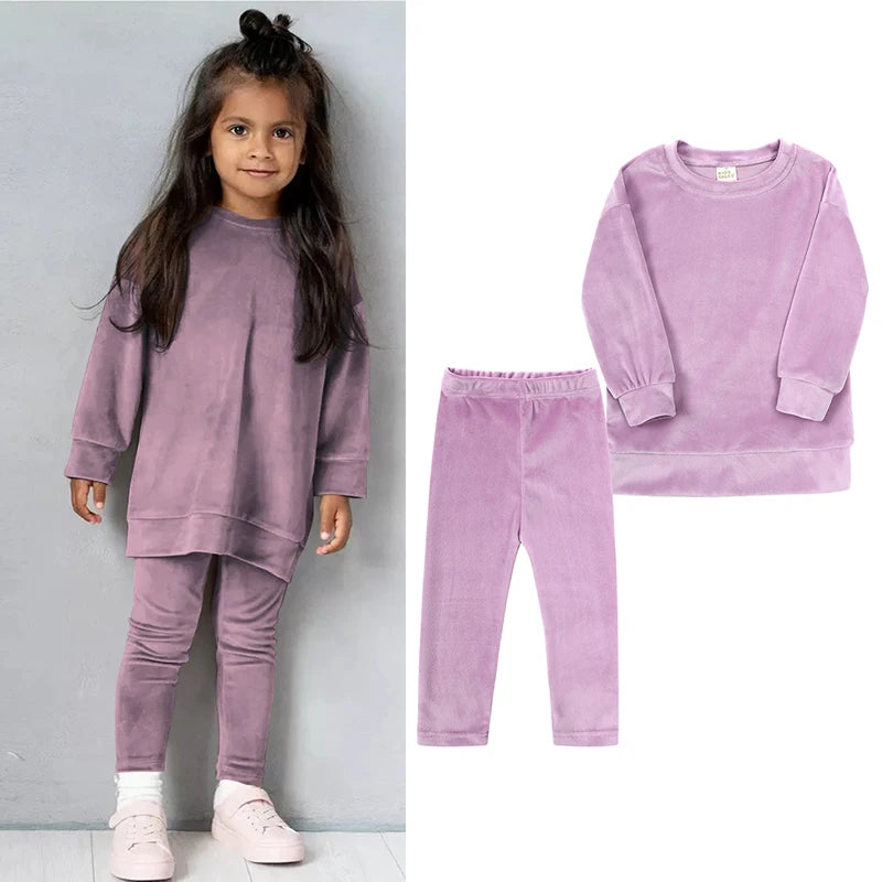 2026 Spring Kids Girl Velvet Suit Long Sleeve Pants Solid Clothes For Infant Toddler Boy Pullover Sweatshirt Set Teenage Outfits