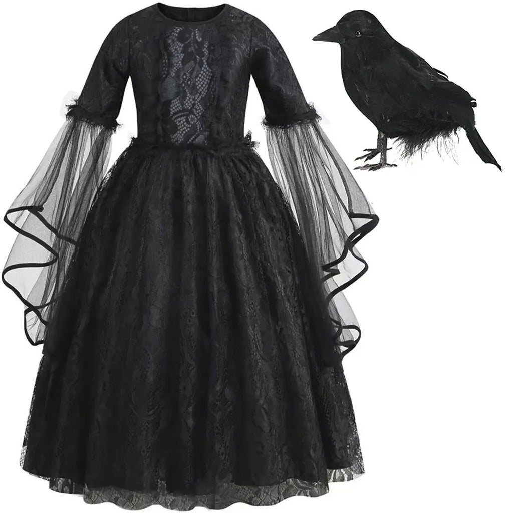 2026 Halloween Carnival Girls Play Black Evil Witch Vampire Elegant Cute Fluffy Lace Dress + Hairband + Raven Accessories Set