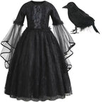 2026 Halloween Carnival Girls Play Black Evil Witch Vampire Elegant Cute Fluffy Lace Dress + Hairband + Raven Accessories Set