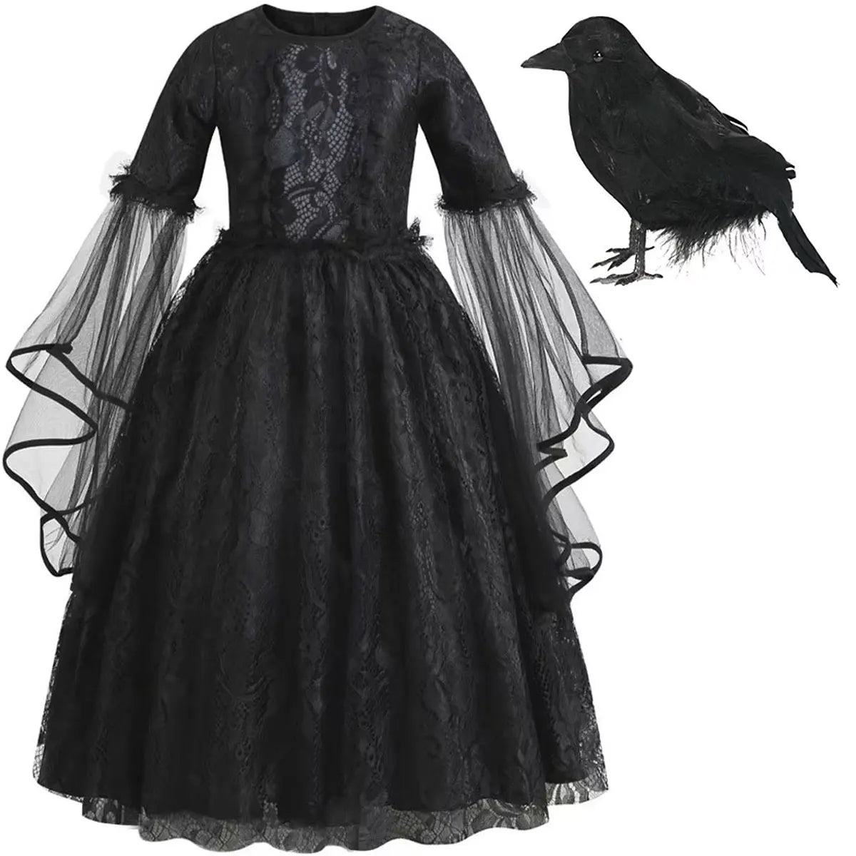 2026 Halloween Carnival Girls Play Black Evil Witch Vampire Elegant Cute Fluffy Lace Dress + Hairband + Raven Accessories Set