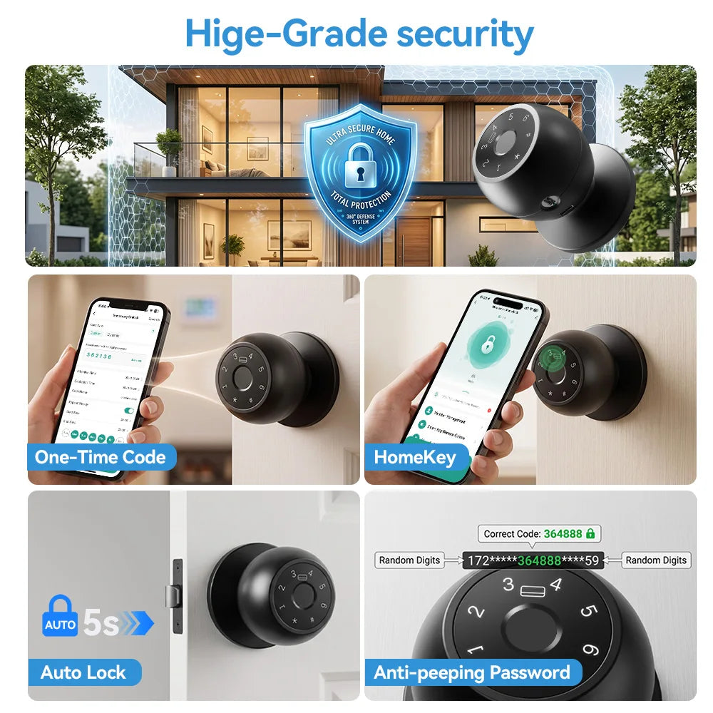 YFK 5-in-1 Smart Door Knob Lock Tuya Bluetooth Fingerprint Password Keypad IC Card Key APP HomeKey Black