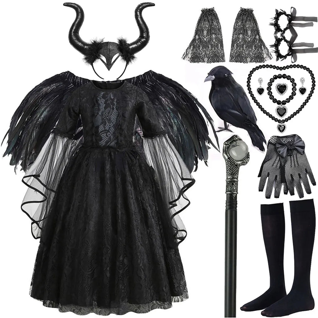 2026 Halloween Carnival Girls Play Black Evil Witch Vampire Elegant Cute Fluffy Lace Dress + Hairband + Raven Accessories Set