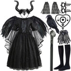2026 Halloween Carnival Girls Play Black Evil Witch Vampire Elegant Cute Fluffy Lace Dress + Hairband + Raven Accessories Set