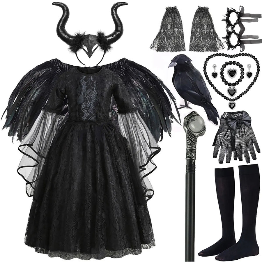 2026 Halloween Carnival Girls Play Black Evil Witch Vampire Elegant Cute Fluffy Lace Dress + Hairband + Raven Accessories Set