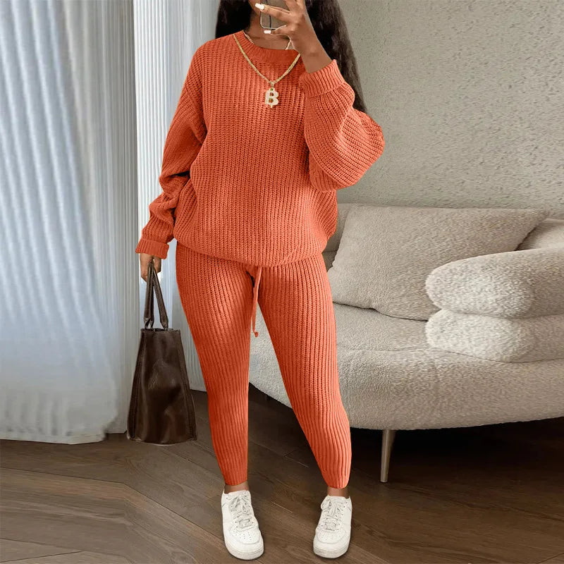 FAGADOER Knitt Sweater 2 Piece Set for Women Autumn Winter Long Sleeve O Neck Sweater + Skinny Pants Sets Casual Outfit Homewear