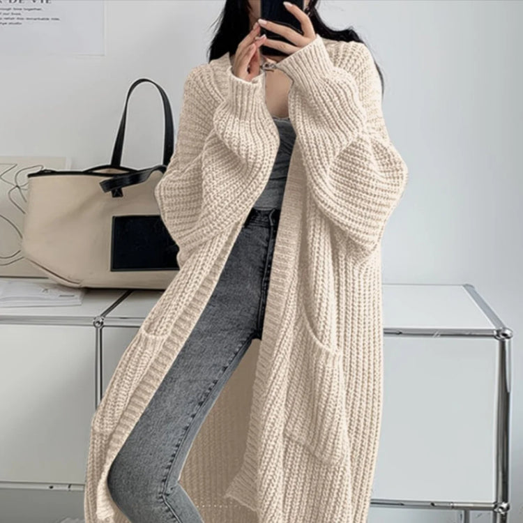Women Knitted Cardigan Autumn Loose V-neck Long Sleeve Casual Midi Outerwear Simple Sweater Coat Basic Soft Y2K Jacket All-match