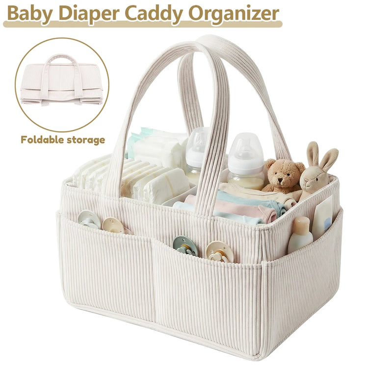 Large Capacity Diaper Bag Corduroy Portable Foldable Tote Mommy Bag Nursery Caddy Basket with Divided Design Diaper Organizer