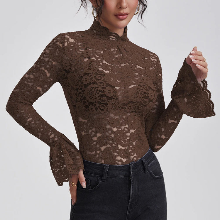 Anfilia Women Lace Shirts Turtle Neck Elegant Flare Long Sleeves Hollow Out Slim-fit Crochet Sexy Blouse