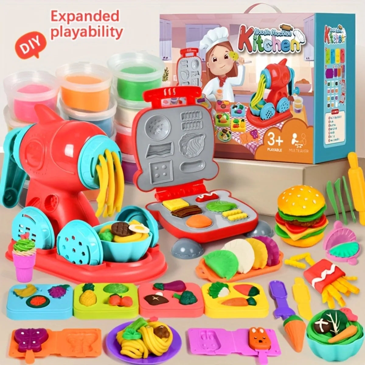 Pretend Play Kitchen Food Color Clay Toy Plasticine Tool Set Noodle Machine Ice Cream Maker DIY Mold Boys Girls Gift