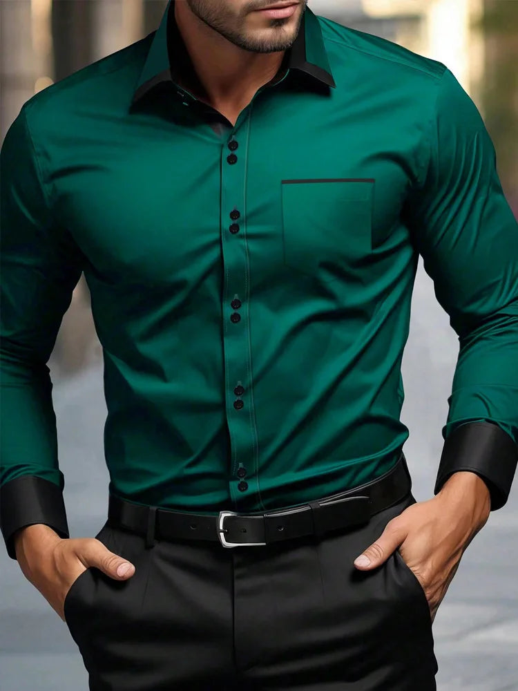 Men's Casual Business Long-sleeved Shirt, British Style Double Button Shirt, Slim Long-sleeved Lapel Shirt
