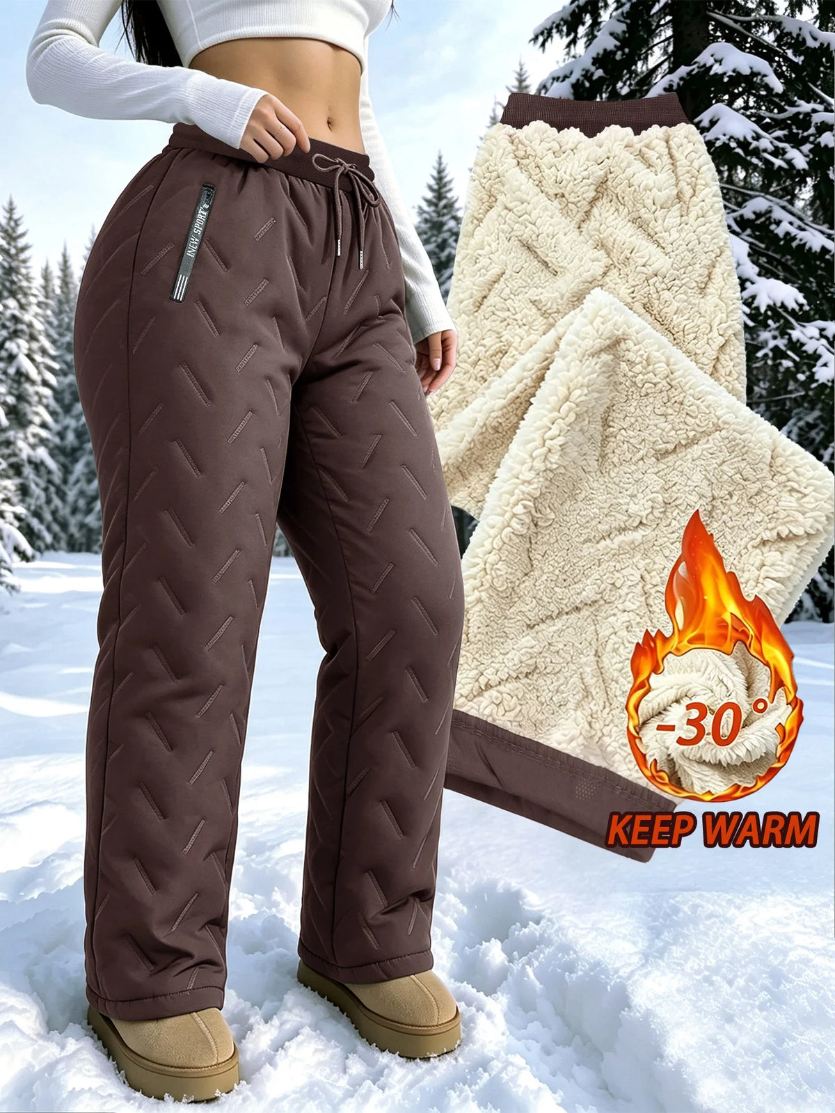 Women's Winter Fleece Pants With Drawstring Elastic Waistband Winter Warm Zipper Pocket Women's Outdoor Jogging Pants