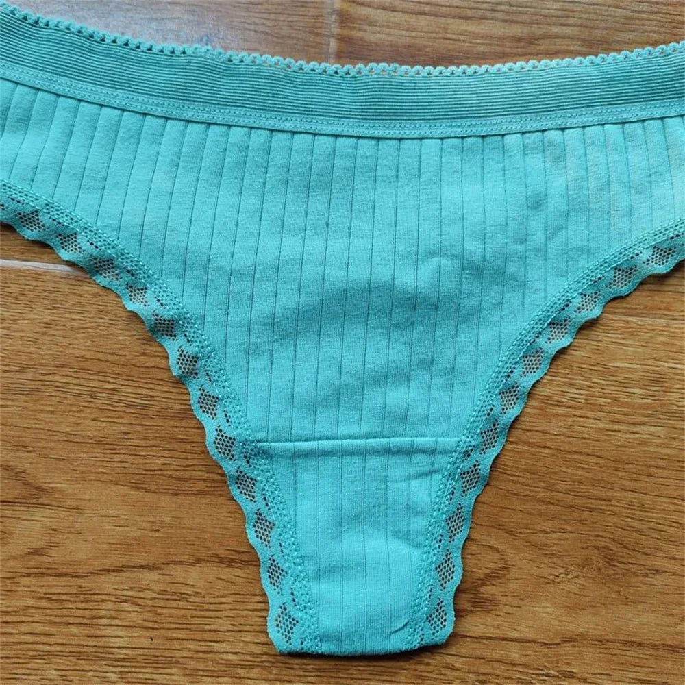 3pcs Ruffles Lace Low Waist Ribbed Cotton Thong Solid Color Women G-string Underwear Seamless Girls Tanga T-pants
