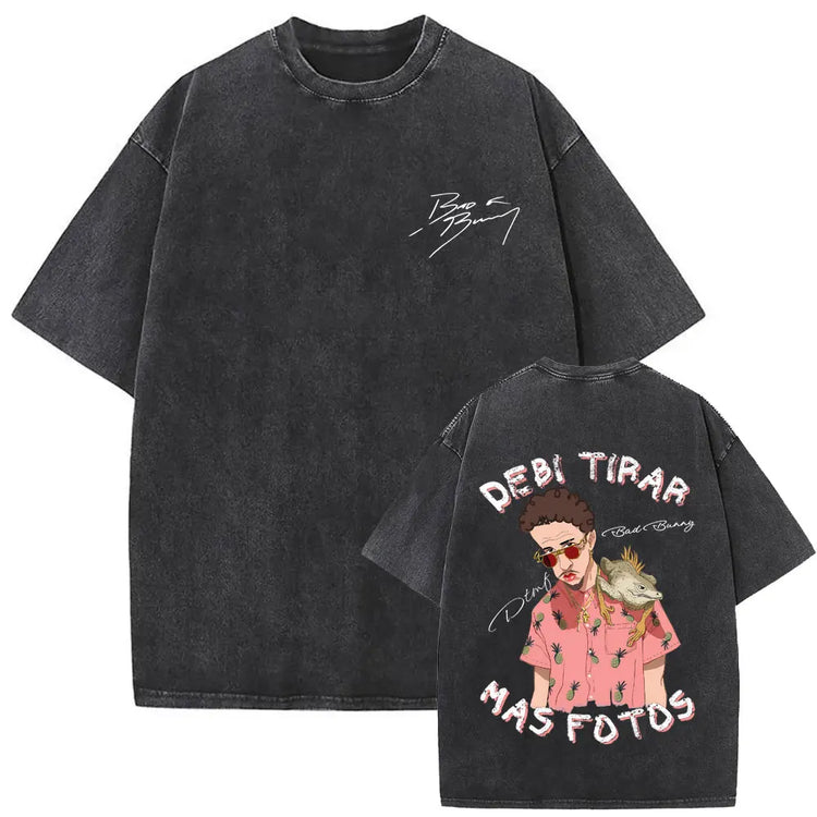 Rapper Bad Bunny Vintage Washed T Shirts Fans Gift Debi Tirar Mas Fotos DTMF Merch T-shirt Men's Women Hip Hop Fashion T-shirts