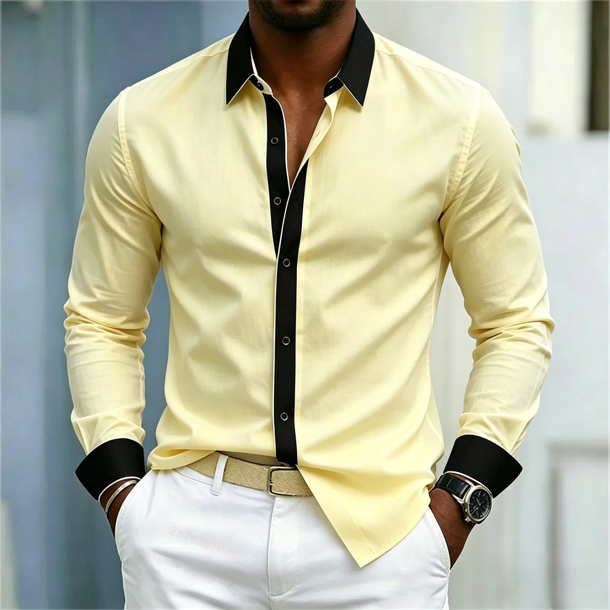 Men's Shirt Black And White Contrasting Splicing Men's Lapel Long Sleeved Shirt Slim Fit Business Casual Men's Top Size