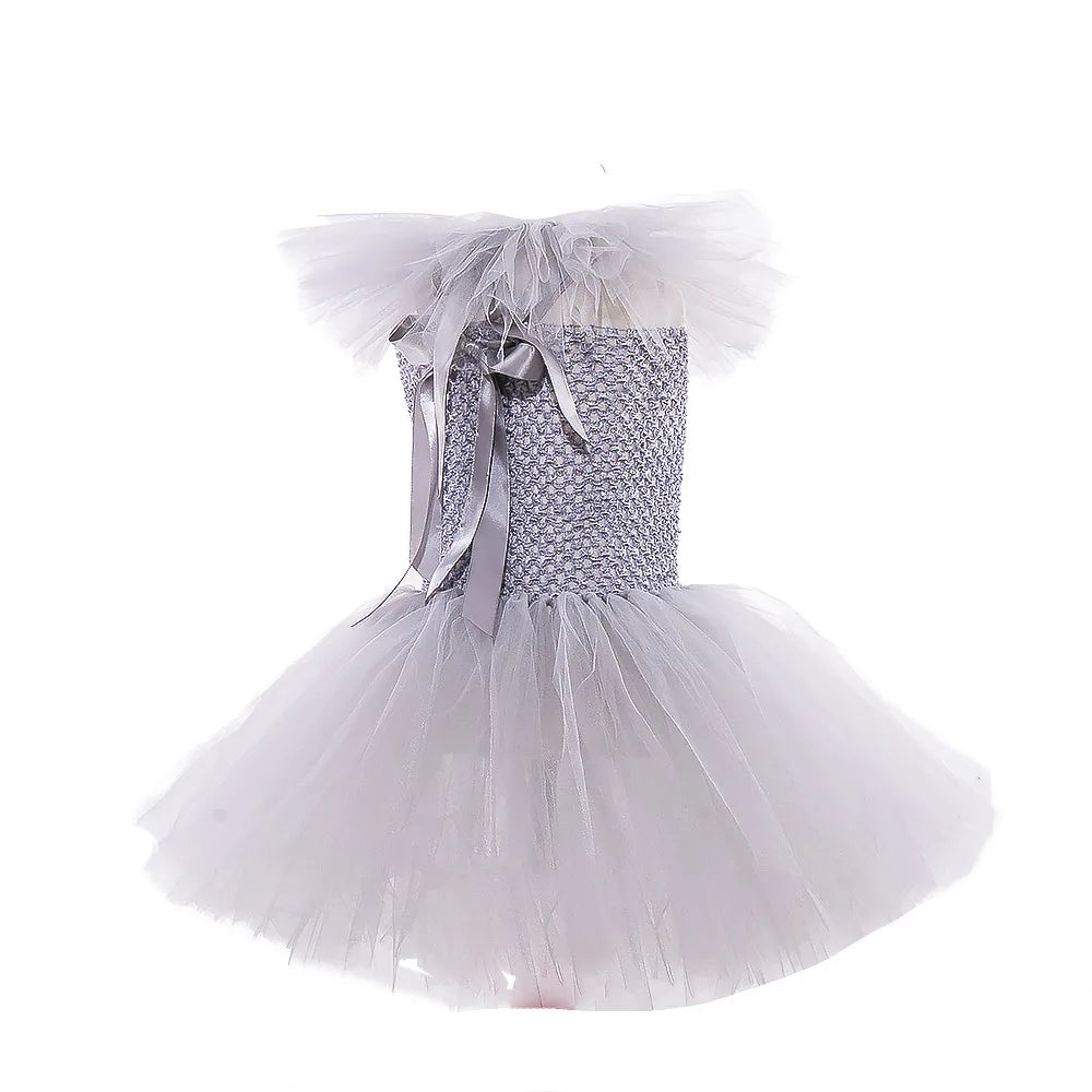 2026 Halloween Trick or Treat Carnival Party White Gray Scary Clown Mesh Fluffy Dress Girl Cosplay Joker Costume Accessories Set