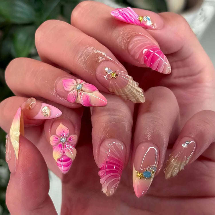 24Pcs Pink Almond False Nails Butterfly Ballet with French Design Wearable Fake Nails Simple Artificial Press on Nails Tips Art