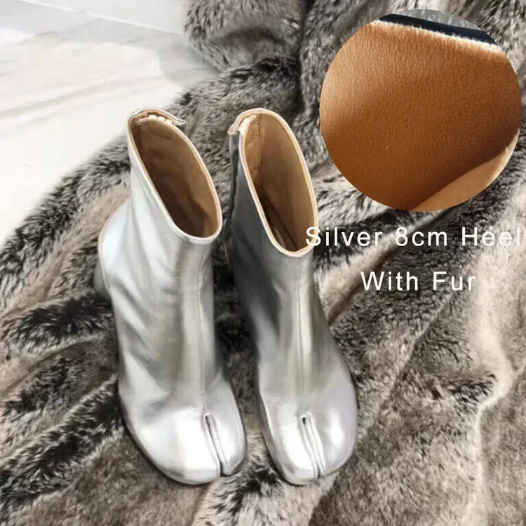 Luxury Brand Designer Tabi Split toe Ankle Boots Women Genuine Leather Chunky Round Heel Short Boots 2024 Autumn Winter Shoes