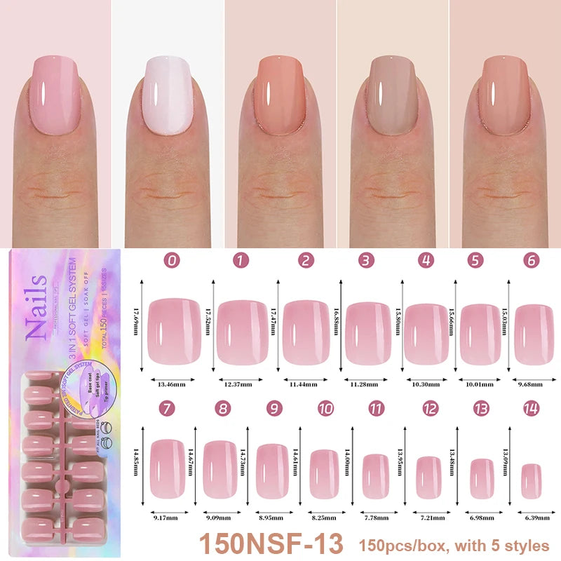 150Pcs/Box Acrylic Press on Nails Full Cover Fake False Tips Soft Gel Extension T-shaped Oval Capsule Almond Sculpted Salon DIY