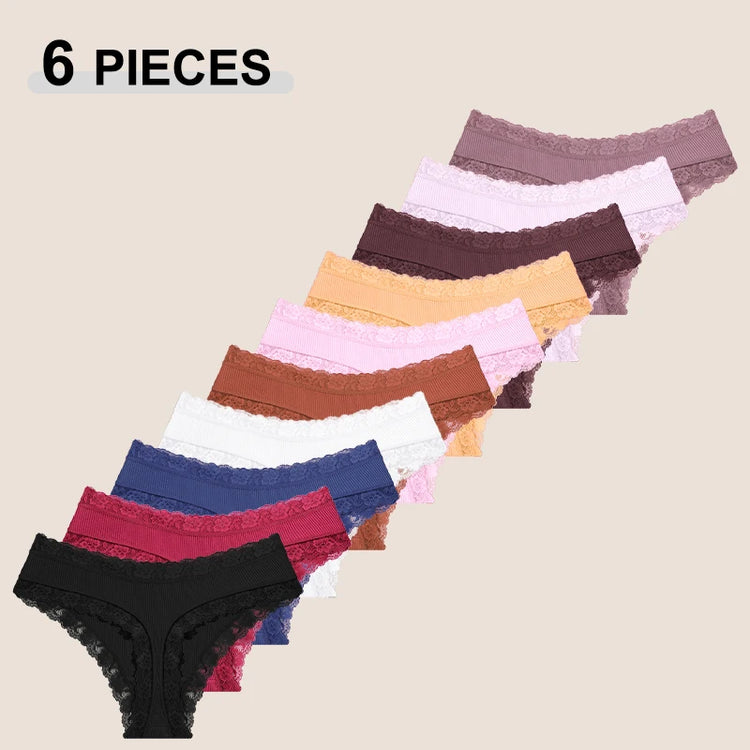 6Pcs/Set Cotton Patchwork Lace Panties Women Solid Color Breathable Low Waist G-strings Underwear Ladies Soft Comfortable Thongs
