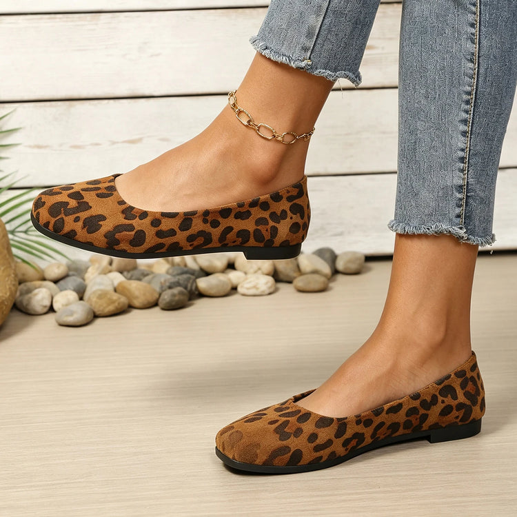 Vintage Leopard Print Square Toe Women Flats Soft Non-slip Sole Slip On Casual Shoes Office Daily Ladies Dress Ballet Shoes