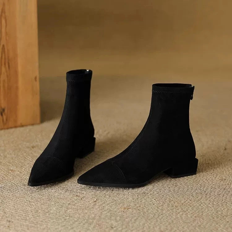 Plus-Size Women's Boots 2025 Winter Fashion Pointed-Toe Design Short Boots with Zippers on the Back, Slim Low-Heeled Nude Boots