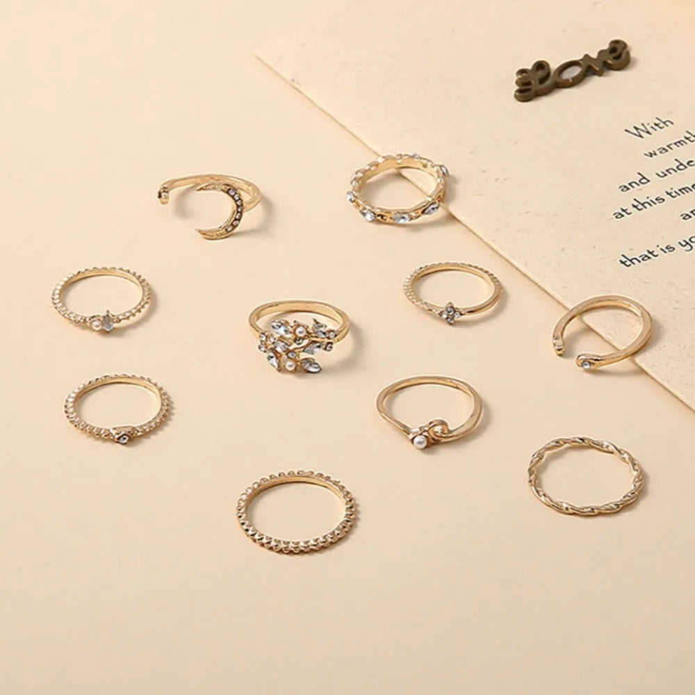 10Pcs Stackable Ring Set for Women Moon Star Heart Leaf Rhinestone Ring Y2K Finger Rings Trendy Jewelry Accessories Party Gifts