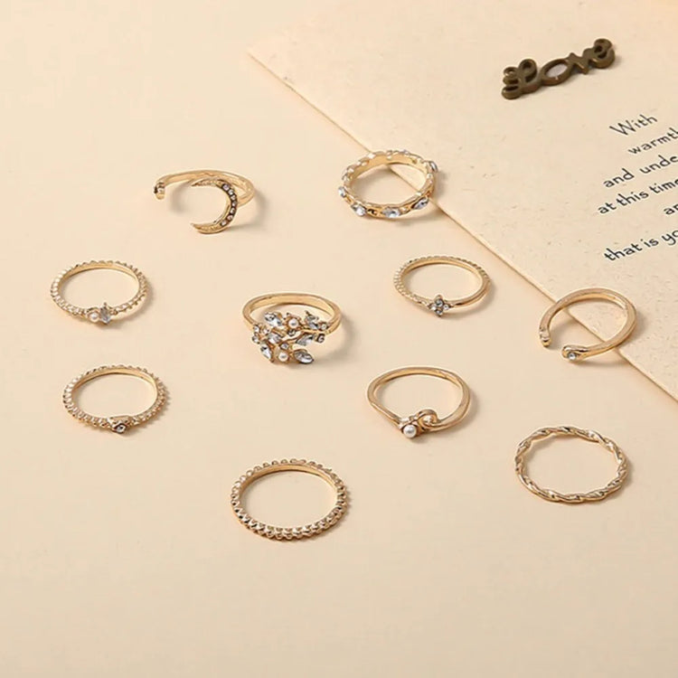 10Pcs Stackable Ring Set for Women Moon Star Heart Leaf Rhinestone Ring Y2K Finger Rings Trendy Jewelry Accessories Party Gifts
