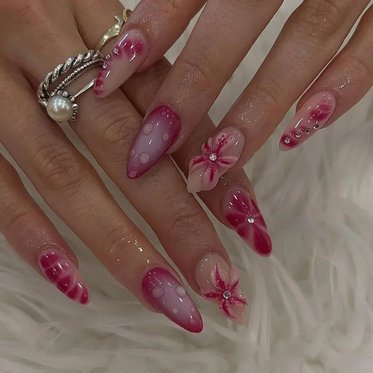 24Pcs Pink Almond False Nails Butterfly Ballet with French Design Wearable Fake Nails Simple Artificial Press on Nails Tips Art