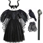 2026 Halloween Carnival Girls Play Black Evil Witch Vampire Elegant Cute Fluffy Lace Dress + Hairband + Raven Accessories Set