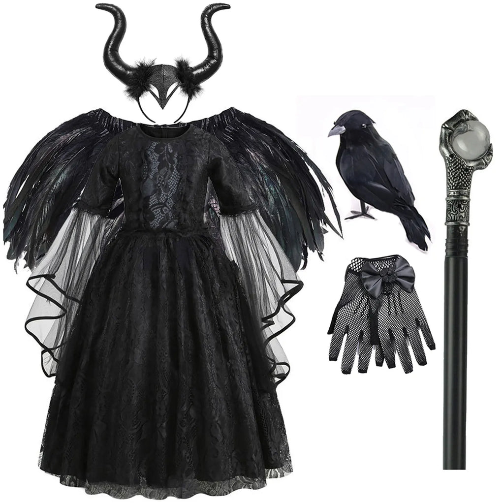 2026 Halloween Carnival Girls Play Black Evil Witch Vampire Elegant Cute Fluffy Lace Dress + Hairband + Raven Accessories Set