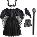 2026 Halloween Carnival Girls Play Black Evil Witch Vampire Elegant Cute Fluffy Lace Dress + Hairband + Raven Accessories Set