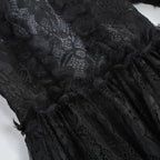 2026 Halloween Carnival Girls Play Black Evil Witch Vampire Elegant Cute Fluffy Lace Dress + Hairband + Raven Accessories Set