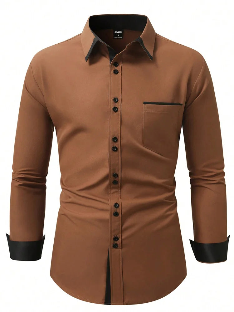 Men's Casual Business Long-sleeved Shirt, British Style Double Button Shirt, Slim Long-sleeved Lapel Shirt