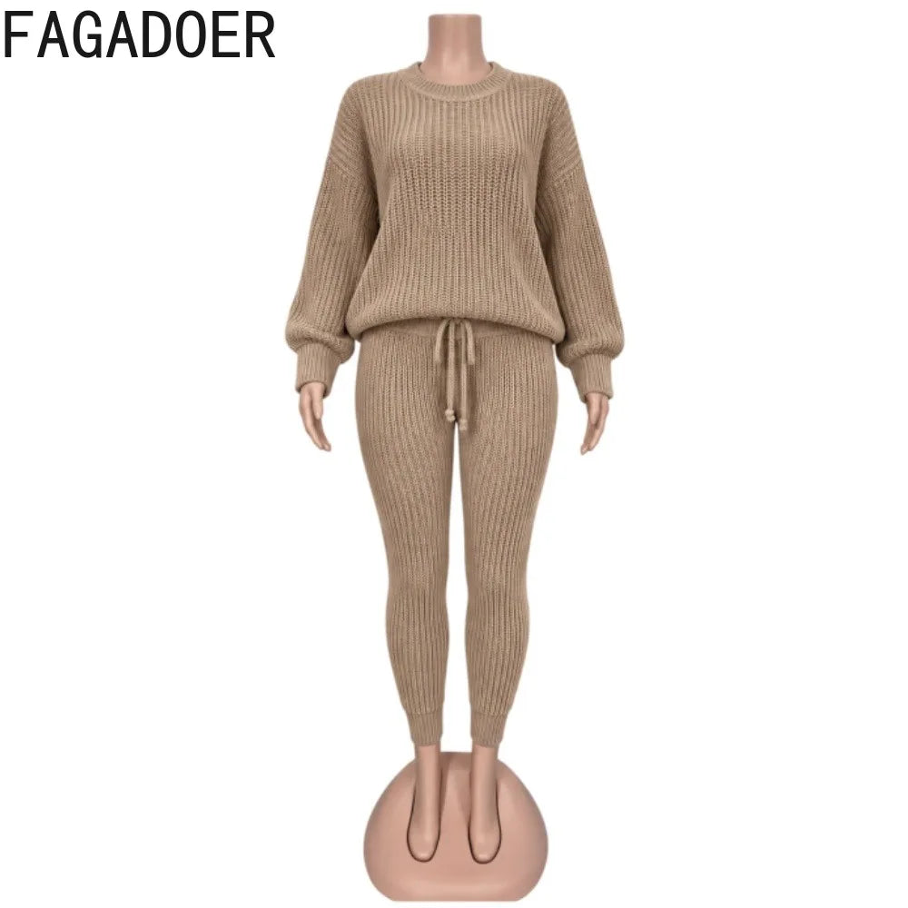 FAGADOER Knitt Sweater 2 Piece Set for Women Autumn Winter Long Sleeve O Neck Sweater + Skinny Pants Sets Casual Outfit Homewear
