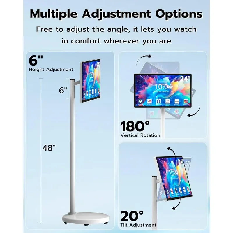 24 Inch Android Smart TV Portable LED Monitor White Movable Display Stand for Home Kitchen Bedroom Living Room Entertainment