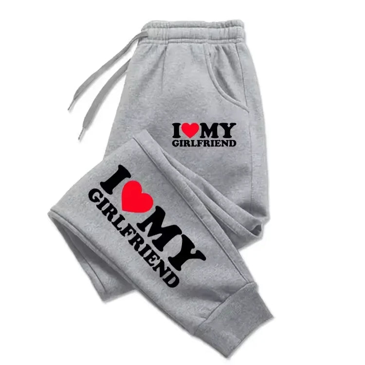 I Love My Boyfriend and Girlfriend Print Pants Woman Man Couple Sweatpants Loose Casual Warm Pants Pocket Drawstring Sportswear