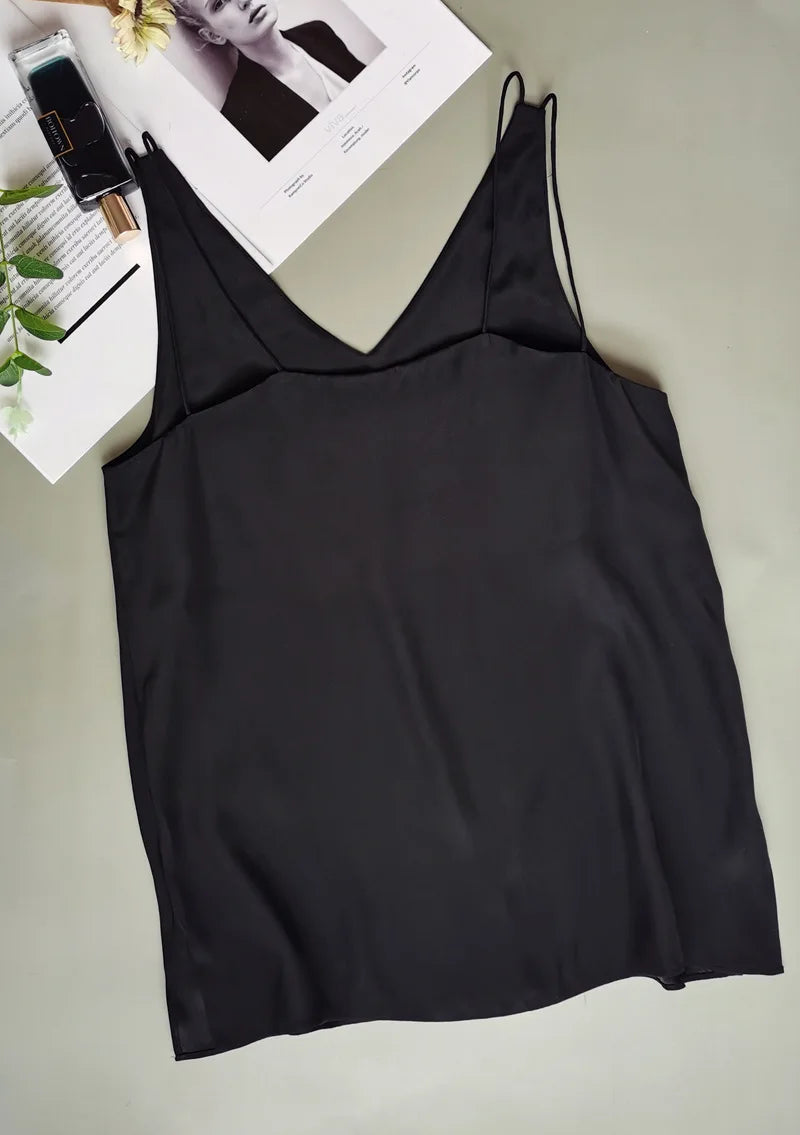 BirdTree 100% Silk Minimalist Sling, Women's Three Color Double Layer Silk, V-Neck INS Style Tank Top, 2026 Summer New T41576QC