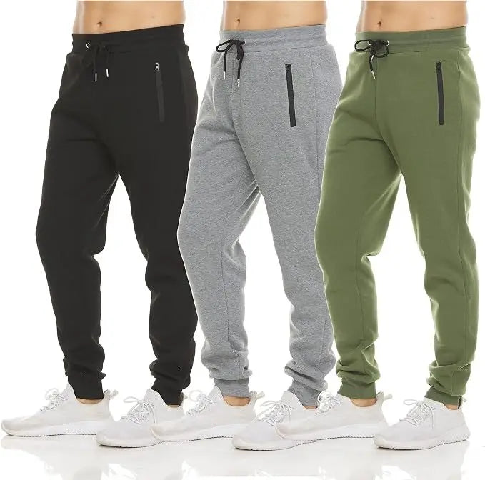 HUGE HILL 3 Pack Men's Fleece Lined Joggers Loose Fit Wide Leg Sweatpants with Zip Pockets S-3XL