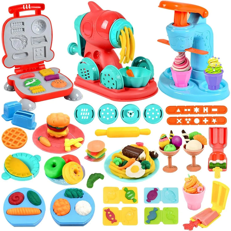 Pretend Play Kitchen Food Color Clay Toy Plasticine Tool Set Noodle Machine Ice Cream Maker DIY Mold Boys Girls Gift