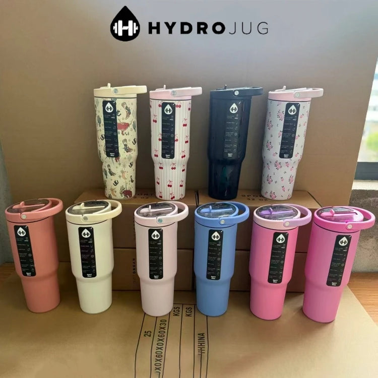 HydroJug 32oz Insulated Tumbler With Handle Flip Straw Lid Stainless Steel Travel Mug Rubber Base Car Cup 24H Cold Retention