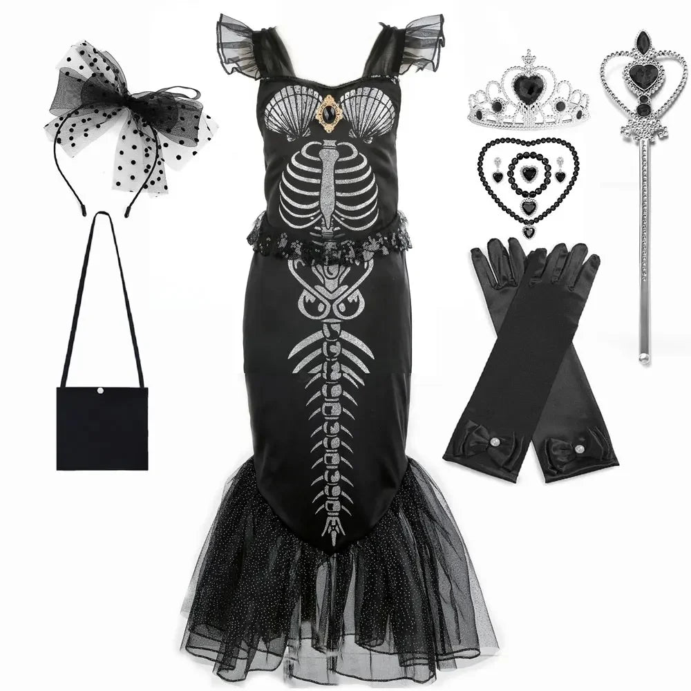 New Skeleton Little Mermaid Halloween Horror Costume Ariel Princess Costume Kids Birthday Party Prom Dress For Girls