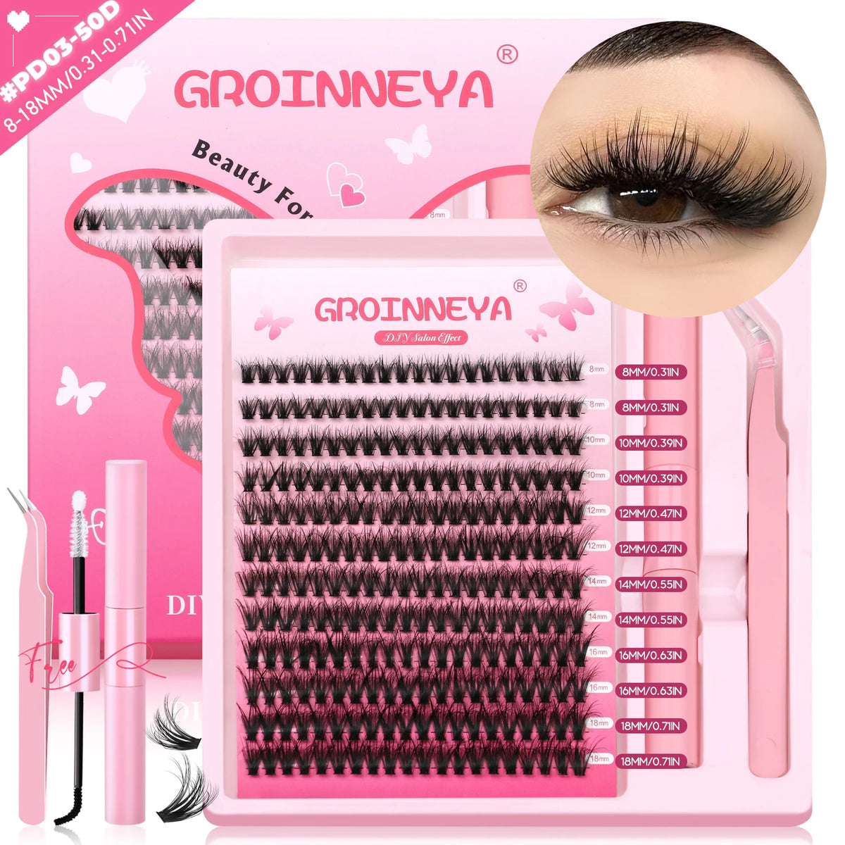 GROINNEYA DIY Lash Clusters Kit Thick Fluffy Cluster Lashes Full Set Lashes Extension with Lash Bond&Seal Individual Eyelashes