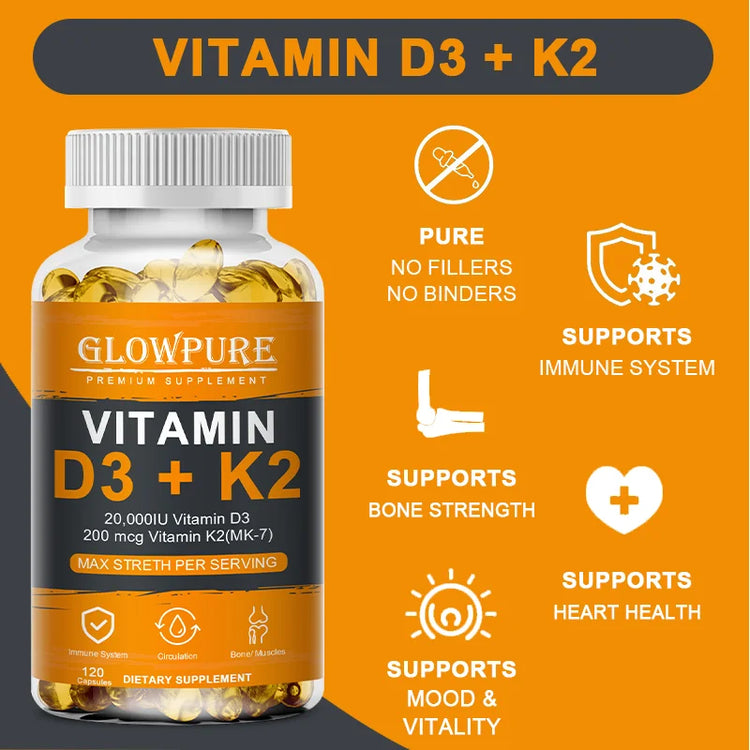 D3 K2 Vitamins Capsule for Bones, Joint, Calcium Absorption, Cardiovascular, Immune System Daily Health Supplement