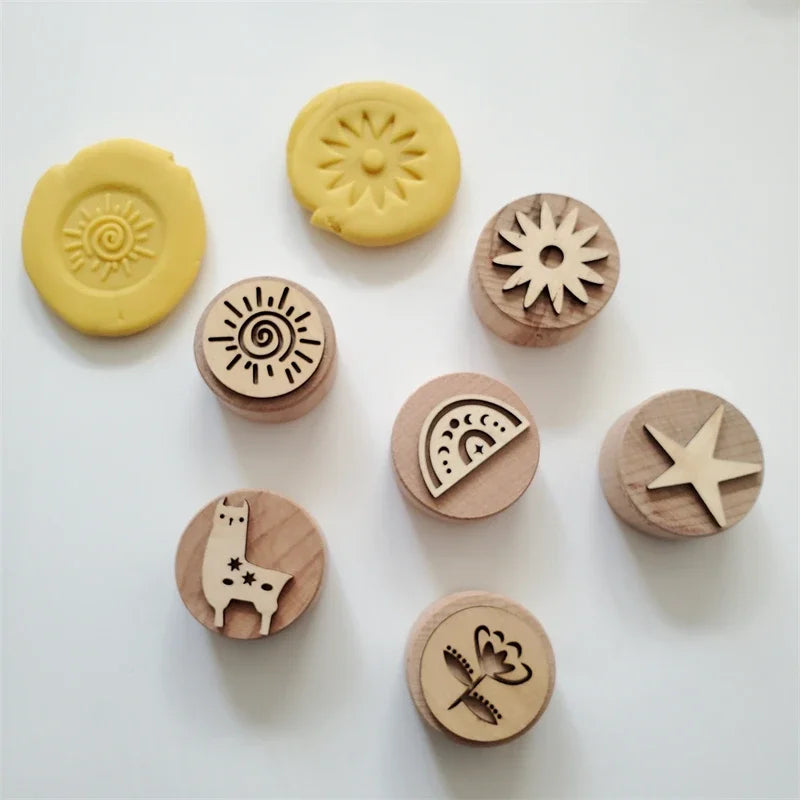 Kids Montessori Wooden Play Dough Stampers Tools Weather Insect Nature Stamps Playdough Fun Activity for Children Sensory Toys