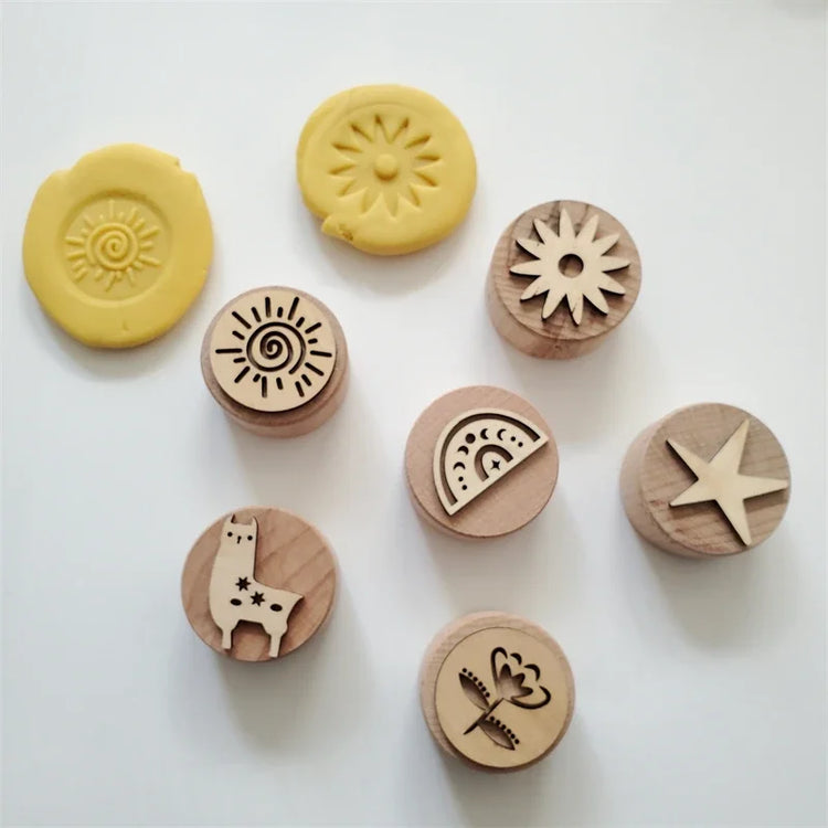 Kids Montessori Wooden Play Dough Stampers Tools Weather Insect Nature Stamps Playdough Fun Activity for Children Sensory Toys